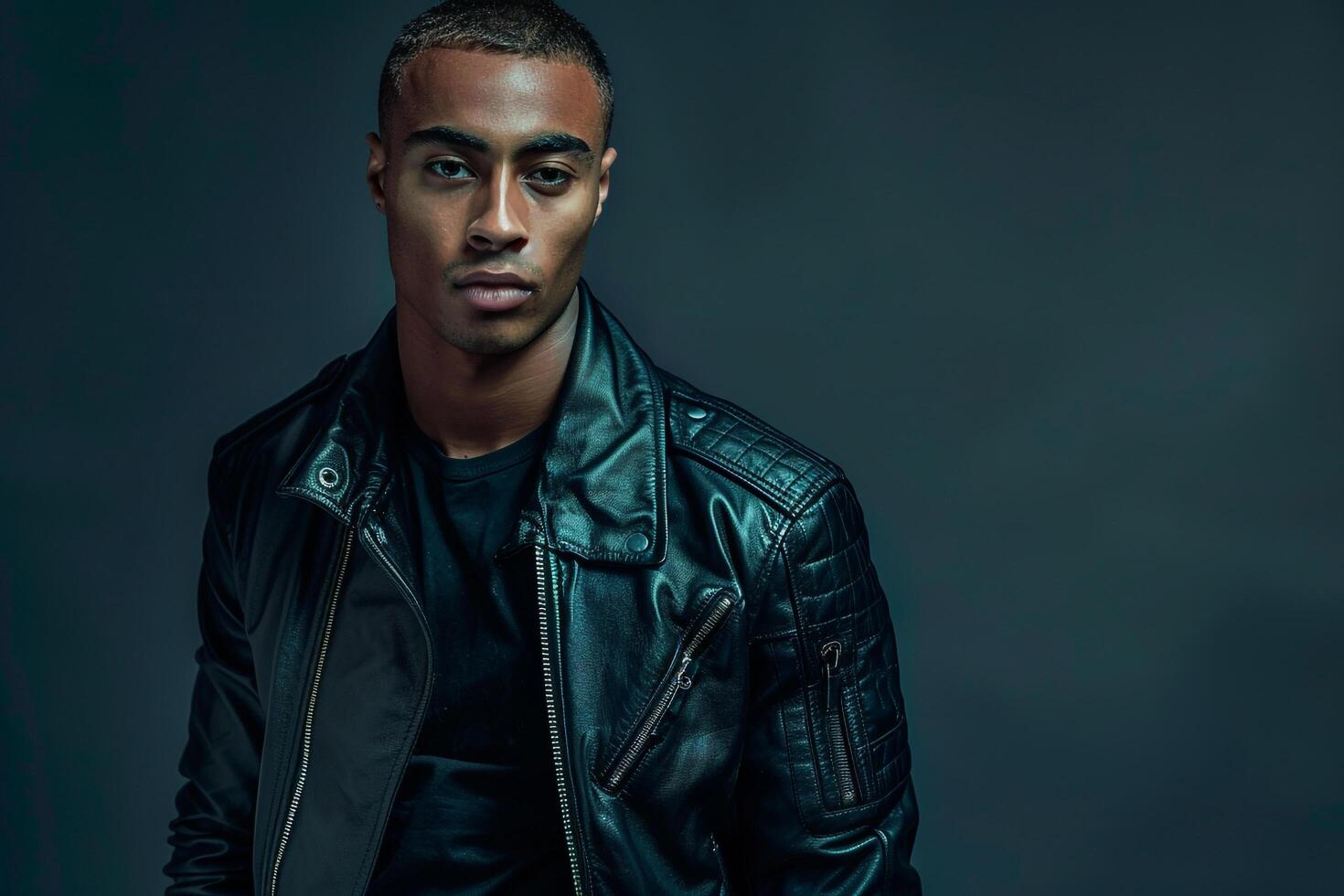 leather Bomber Jacket Clad Male Fashion portrait with Deep Charcoal Background Highlighting Modern and Classic Trends photo