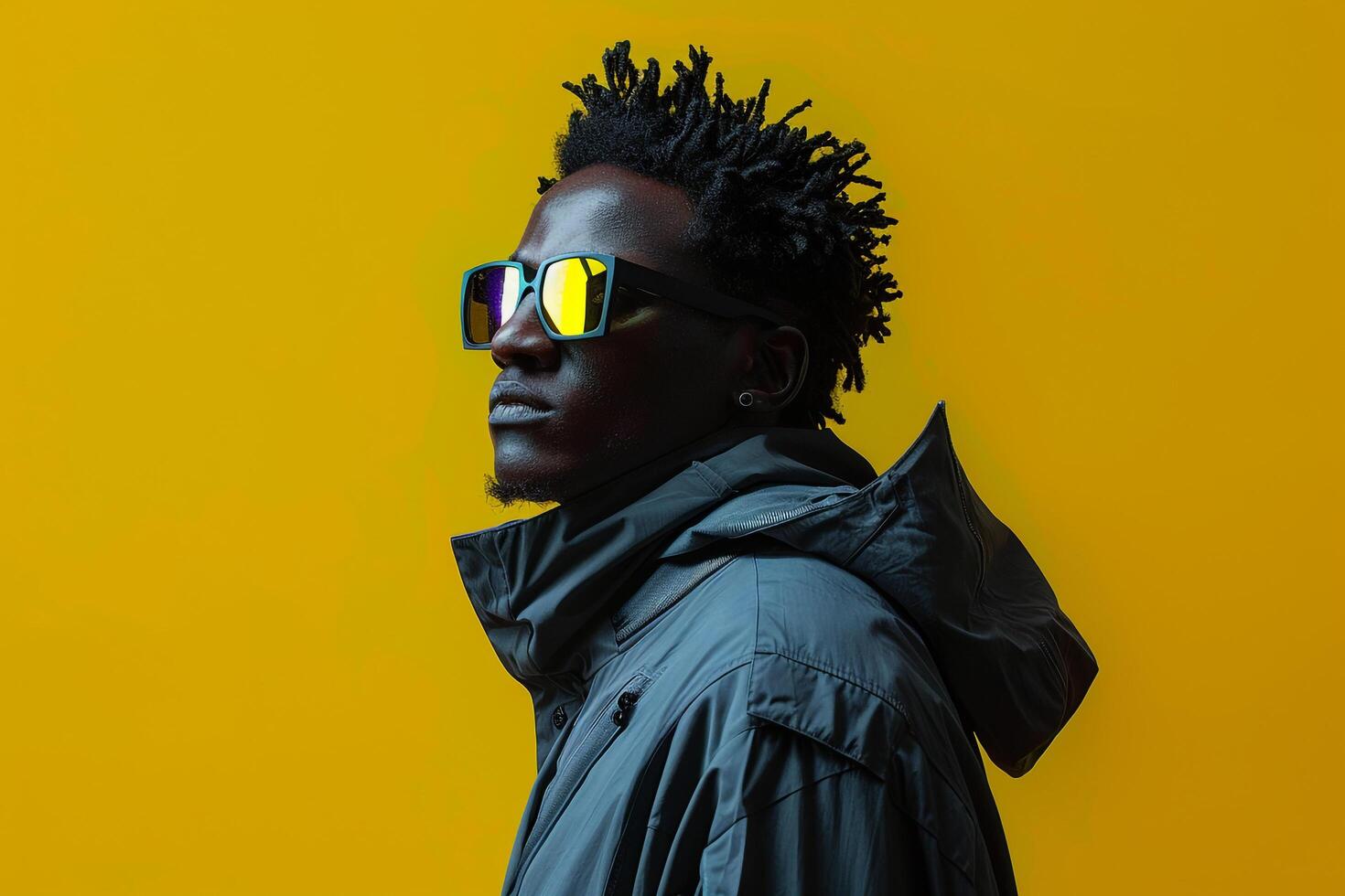 Maleswear Clothwear Jacket and Sunglasses Clad Male Fashion portrait with Neon Yellow Background Highlighting Bold Look photo