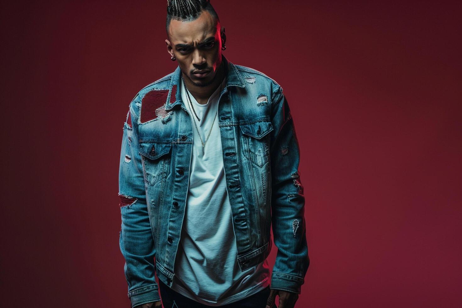 Distressed Denim Jacket Clad Male Fashion portrait with Burgundy Background emphasizing Trendy and Classic Style photo