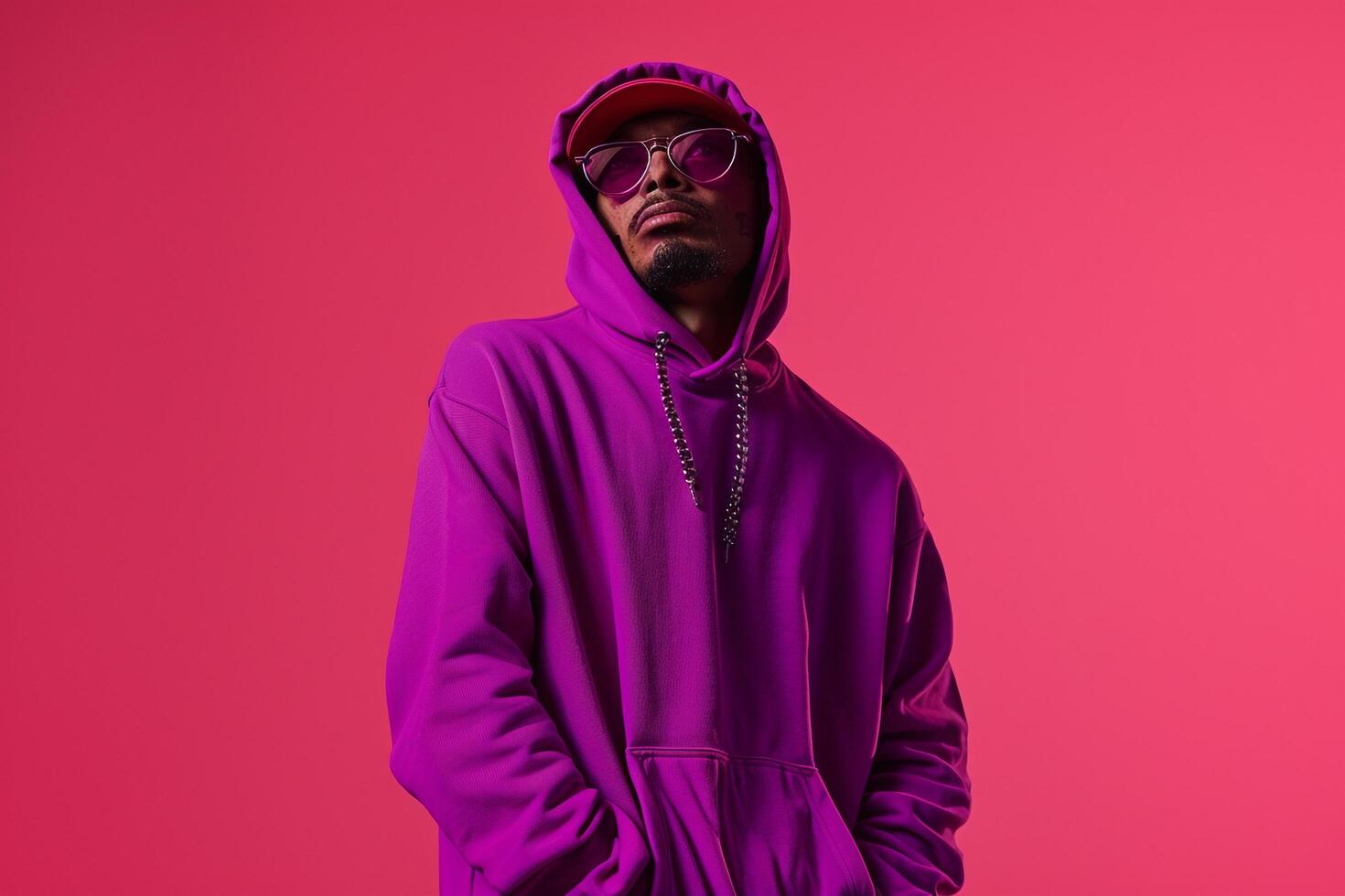 Bright purple Hoodie and Glasses Clad Male Fashion portrait with Hot pink Background emphasizing Modern and Stylish Look photo