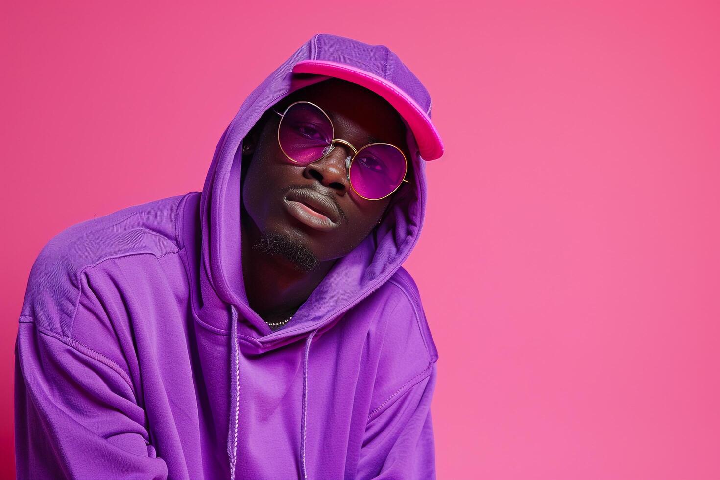 Bright purple Hoodie and Glasses Clad Male Fashion portrait with Hot pink Background Highlighting Contemporary Fashion photo