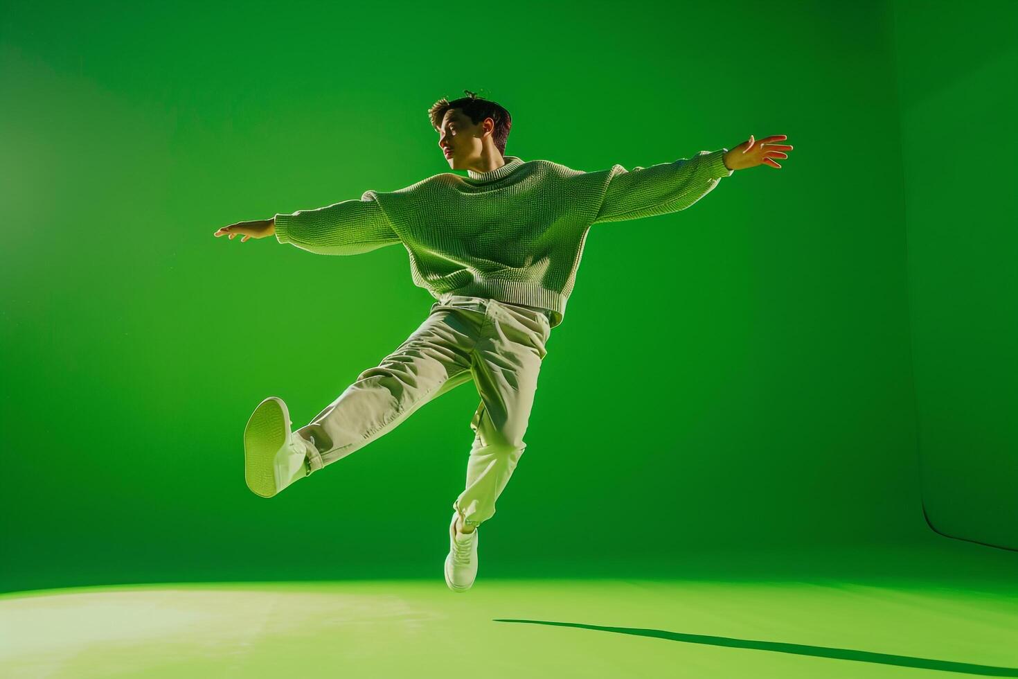 Sweater Clad Male Fashion portrait with Bright Green Background Demonstrating a Casual and Trendy Fashion Style photo