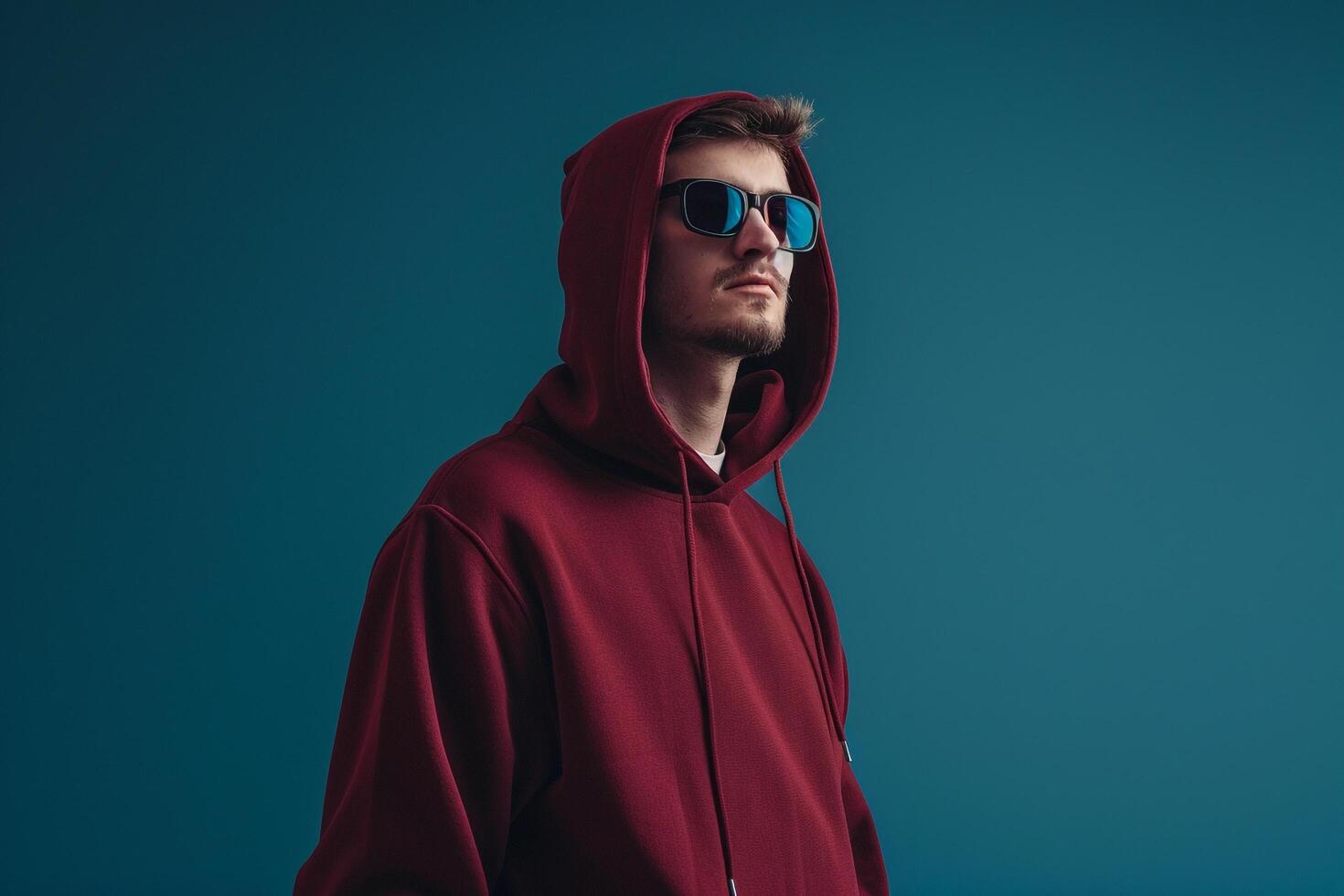 Burgundy Hoodie and Sunglasses Clad Male Fashion portrait with Slate Blue Background Reflecting a Stylish and Contemporary Fashion Approach photo