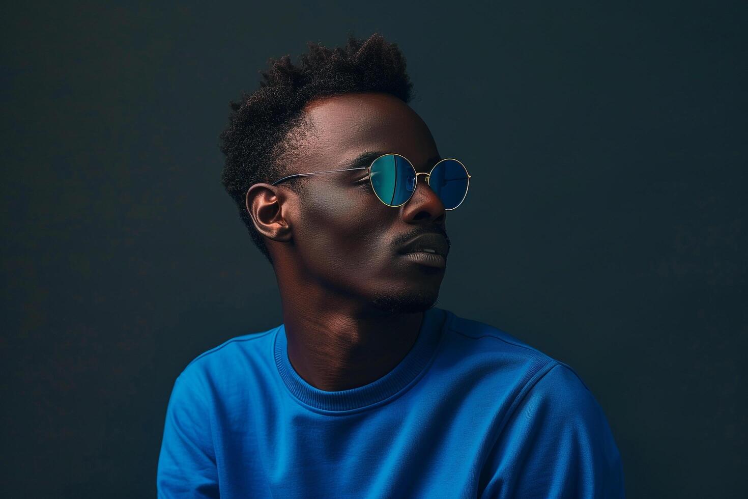 Cobalt Blue Sweatshirt and Retro Sunglasses Clad Male Fashion portrait with Light Sand Background Showcasing Chic and Classic Fashion Style photo