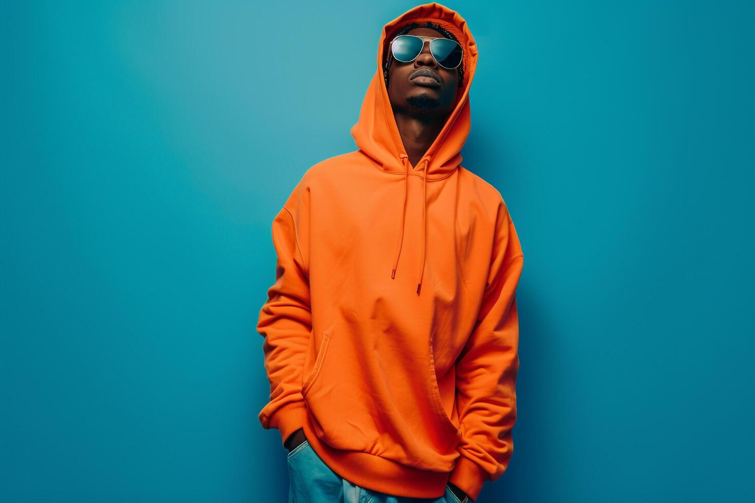 Bold and Fashionable Style Bright Orange Hoodie with Large eyewear Clad Male Fashion portrait Against Blue Background photo