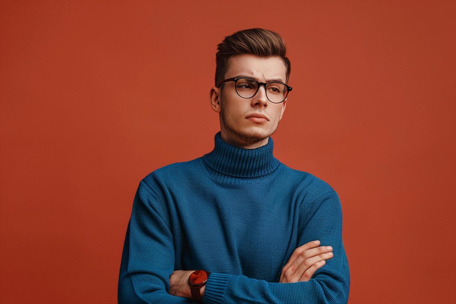 Deep Blue pullover and eyewear Clad Male Fashion portrait with Rust Red Background Reflecting Trendy Fashion Style photo