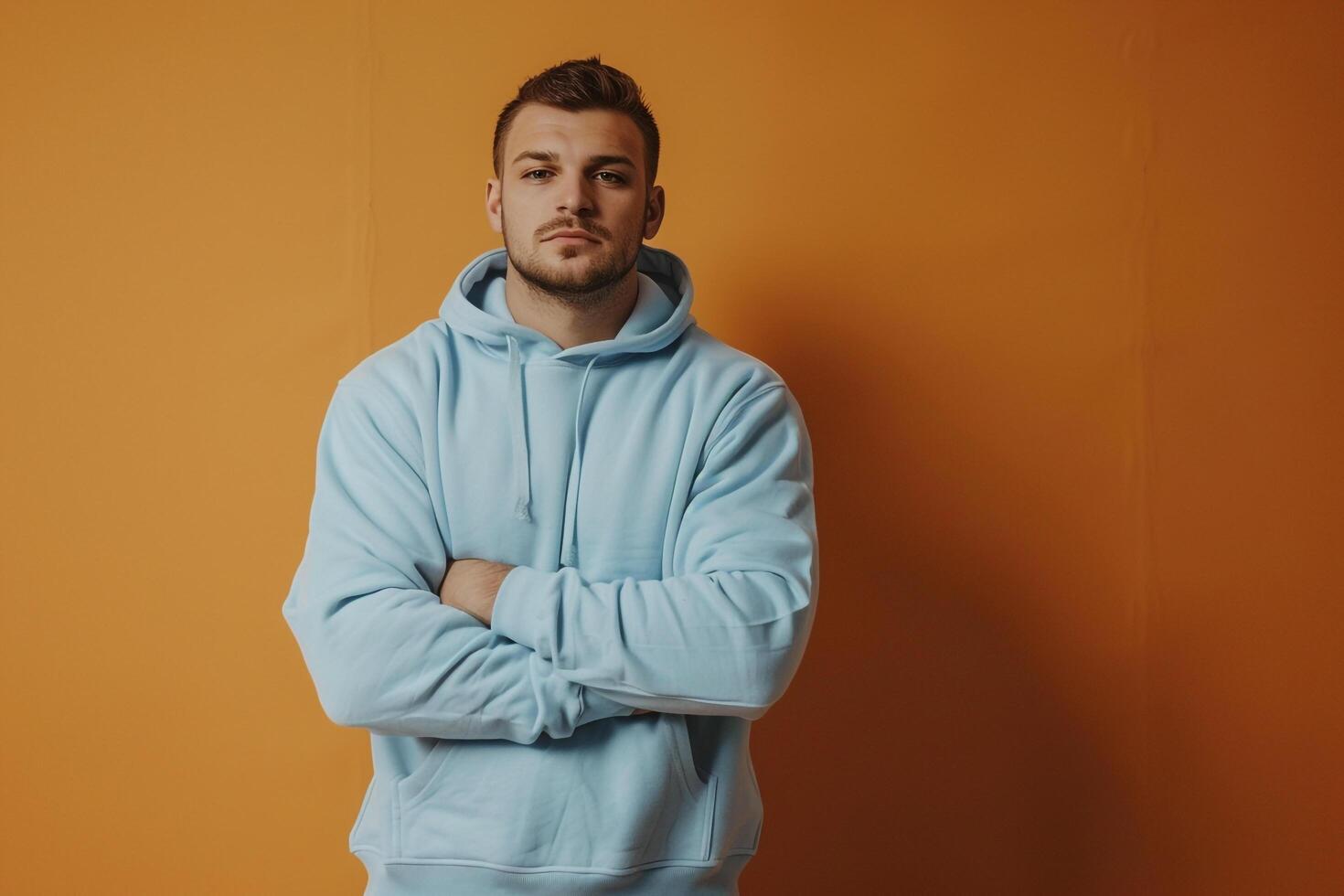 Casual Fashion Style Light Blue Hoodie Clad Male with Rust Orange Background photo