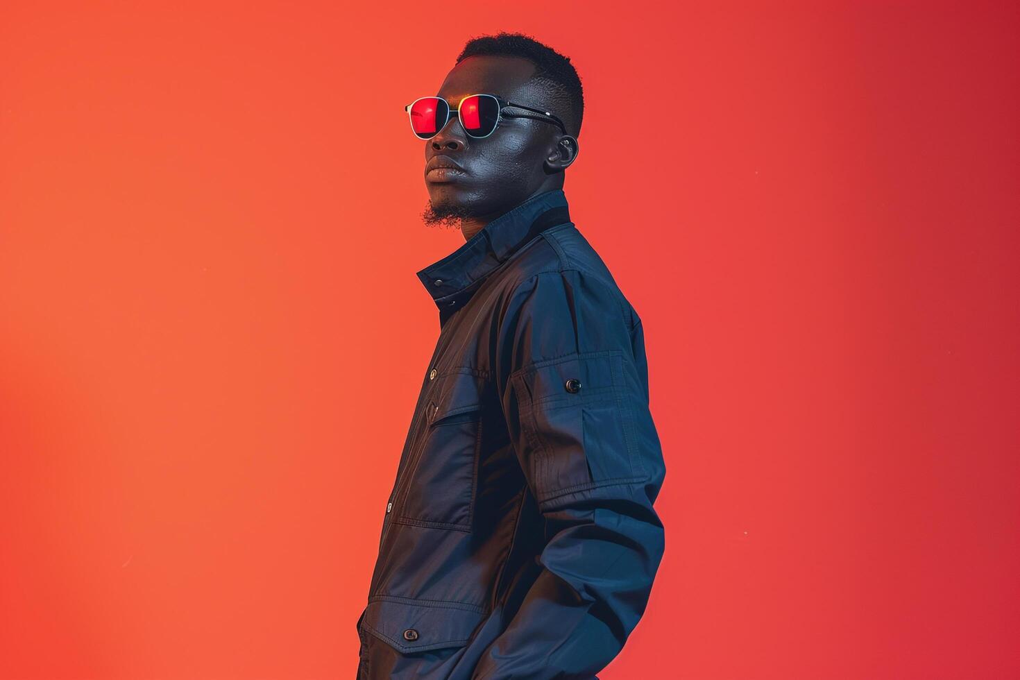 Contemporary Lifestyle Highlight Clothwear Jacket and Sunglasses Clad Male with Maleswear Background photo