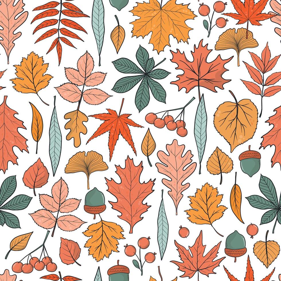 Autumn wallpaper, background, textile print, cover, stationary with cute doodles of falling leaves. EPS 10 vector