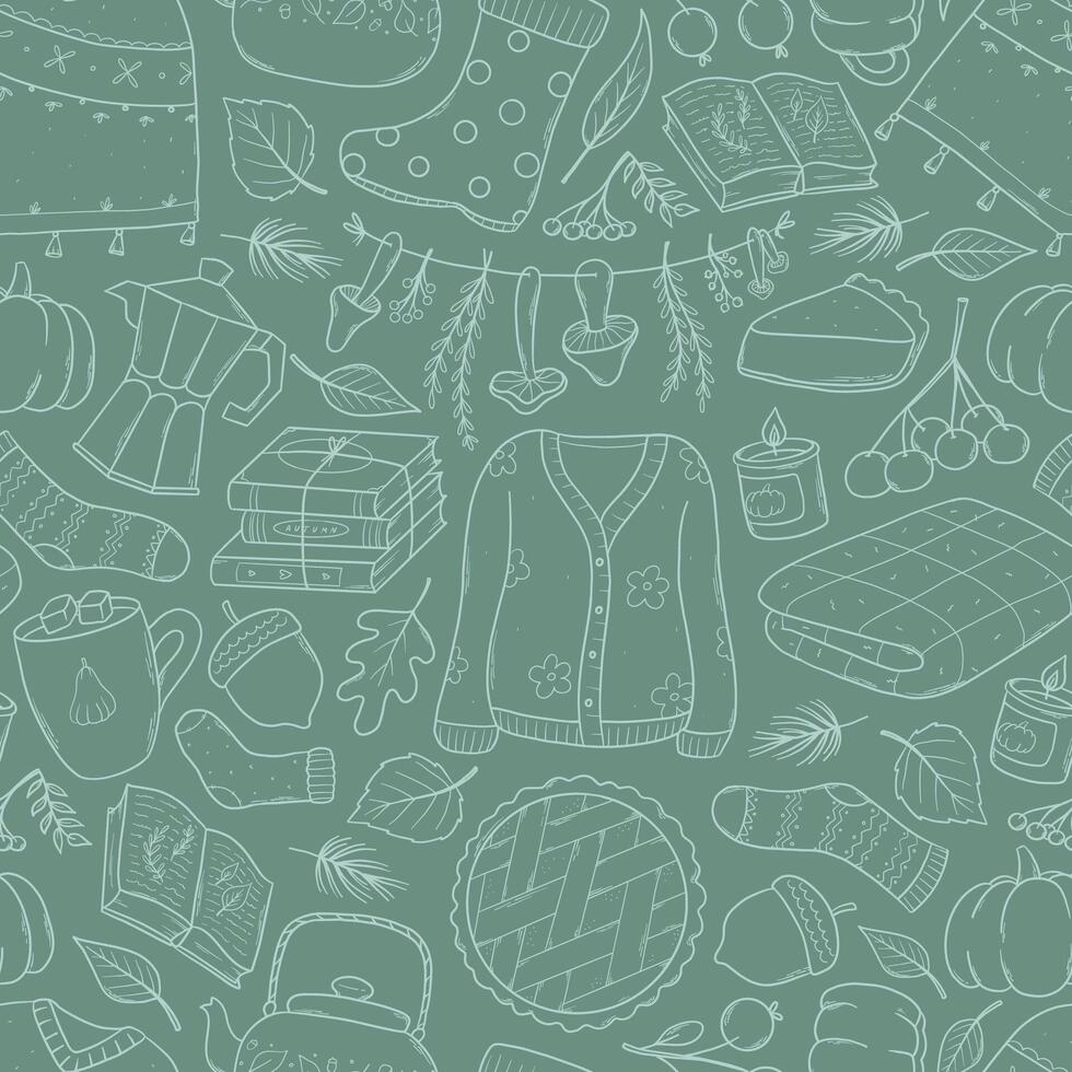 Autumn seamless pattern with cute doodles on green background. Thanksgiving repeat wallpaper, textile print, scrapbooking, stationary, backgrounds, covers, banners, etc. EPS 10 vector