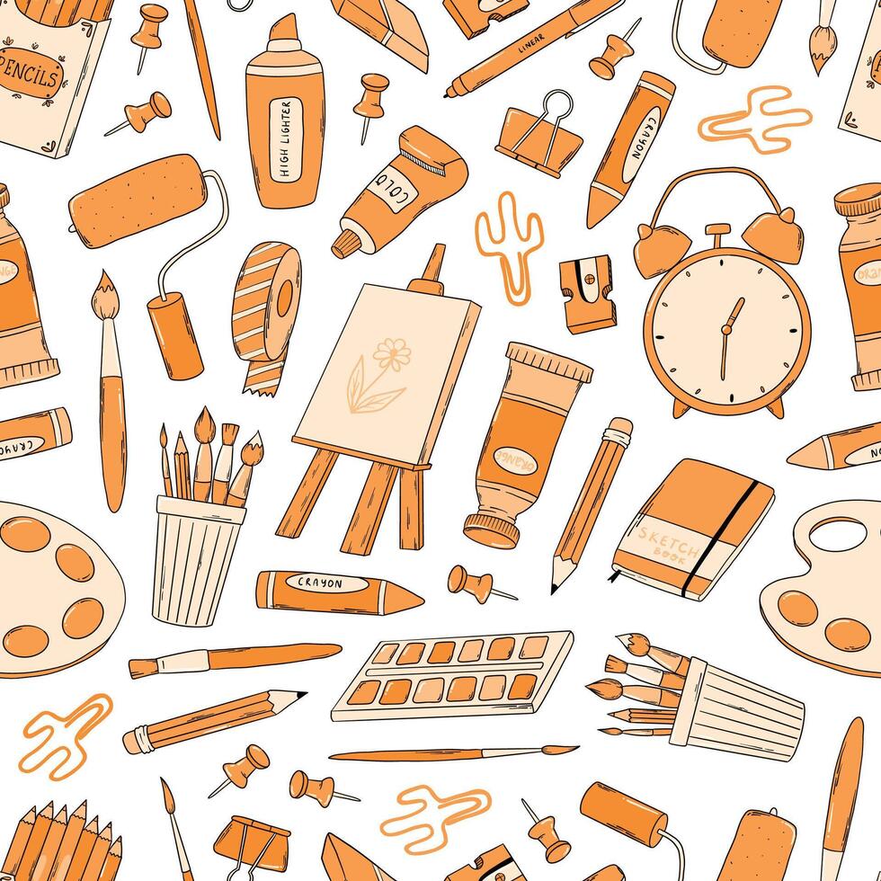 Art supplies seamless pattern with doodles for wallpaper, wrapping paper, scrapbooking, stationery, textile prints, packaging, etc. EPS 10 vector