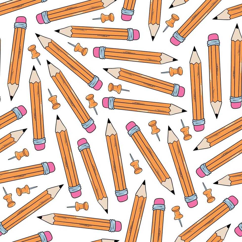 school seamless pattern with pencils and push pins for wallpaper, scrapbooking, stationery, wrapping paper, covers, backgrounds, etc. EPS 10 vector
