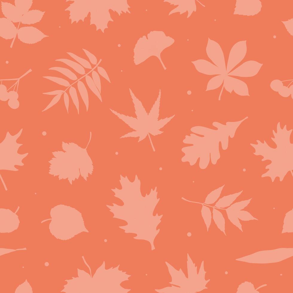 Autumn seamless pattern with falling leaves silhouettes on orange background. Good for wallpaper, textile prints, scrapbooking, wrapping paper, backgrounds, banners, etc. EPS 10 vector