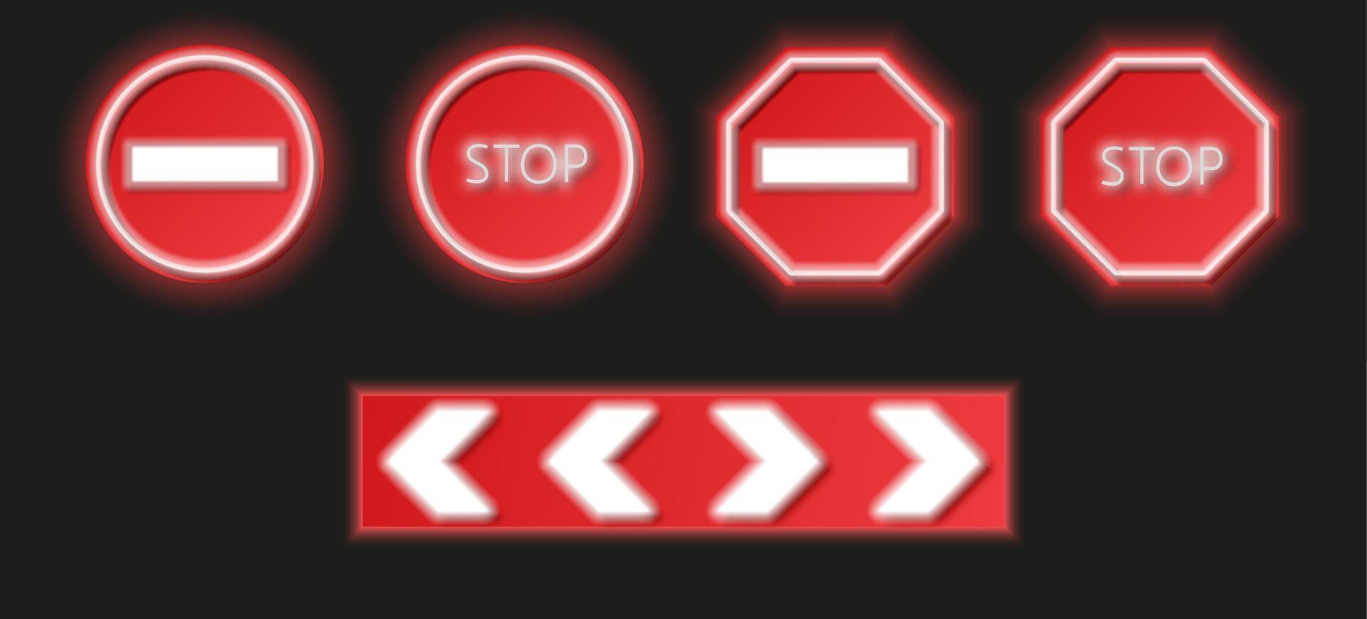 Collection of bright warning road signs isolated on dark background. vector