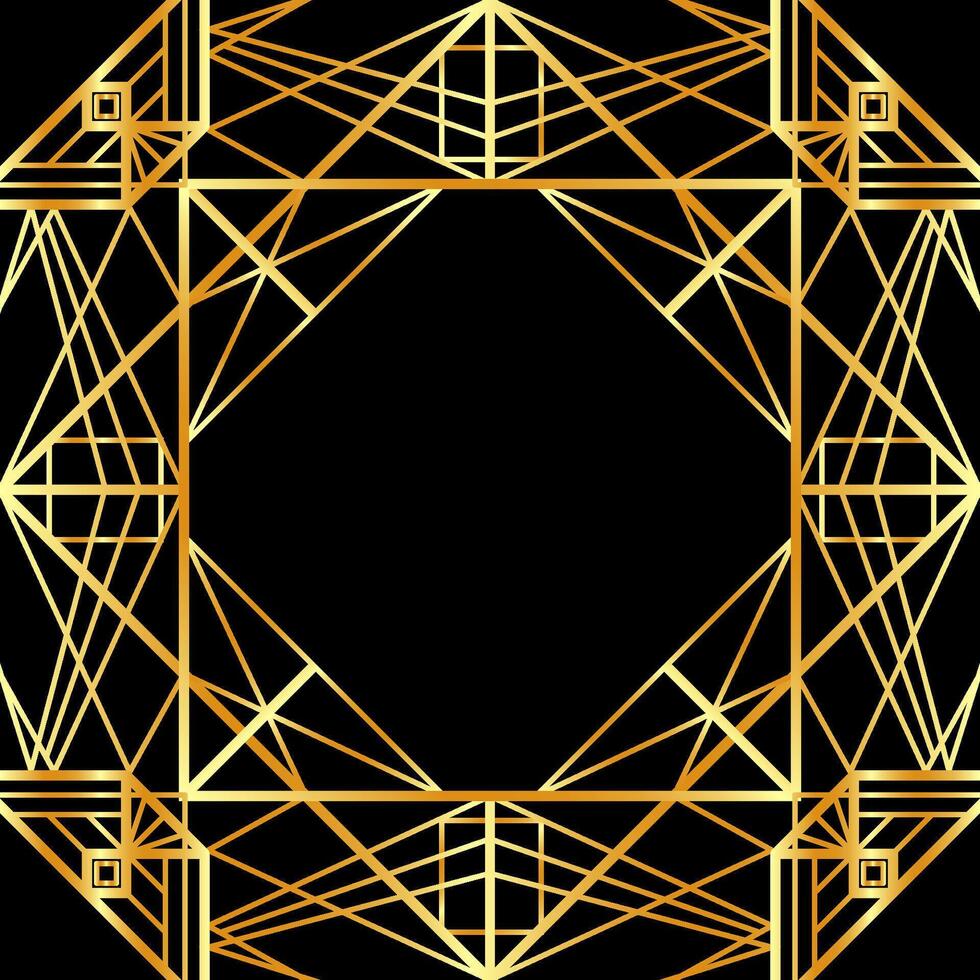 Art Deco square template. Gold empty frame in Gatsby style on black background. vector