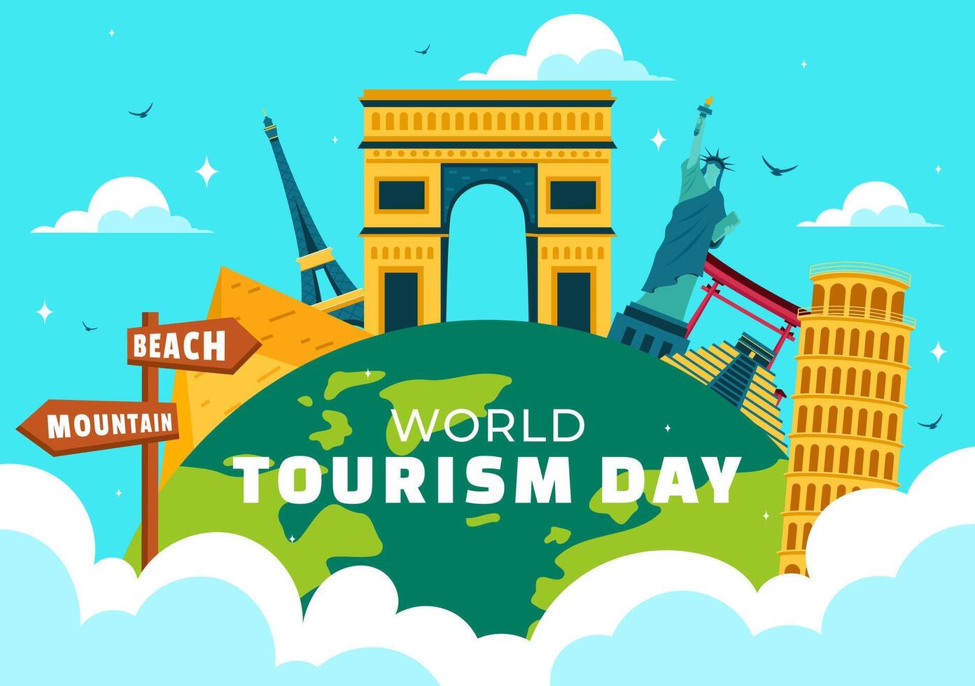 World Tourism Day Illustration featuring a Globe and Famous Landmarks, Architectural Monuments, and National Statues in a Cartoon Background vector