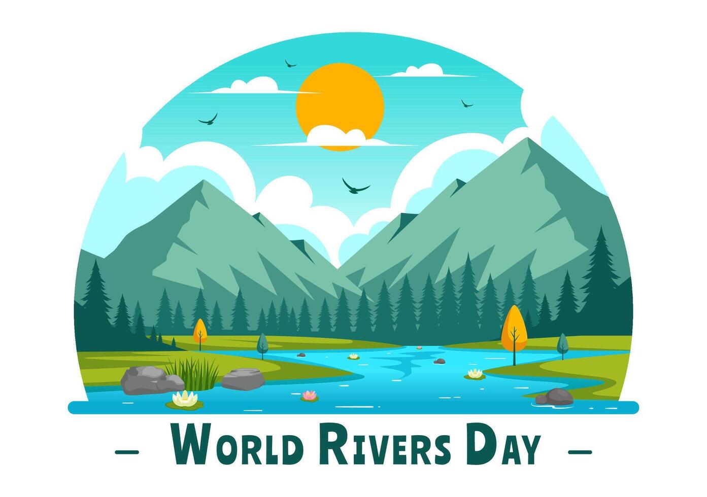 Illustration of a River Landscape with Mountain Views, Green Fields, Trees, and Forests Surrounding the Rivers in a Flat Cartoon Background vector