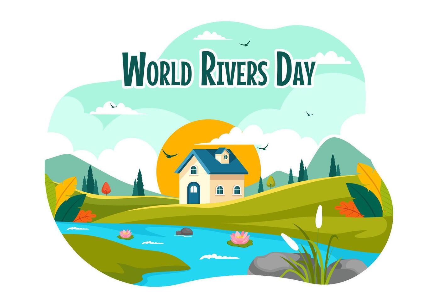 Illustration of a River Landscape with Mountain Views, Green Fields, Trees, and Forests Surrounding the Rivers in a Flat Cartoon Background vector