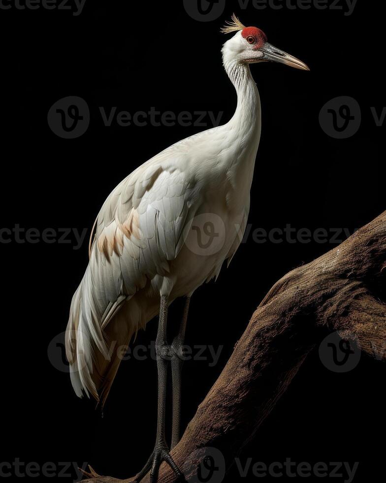 Siberian Crane bird standing on the rooted in studio isolated on black background photo