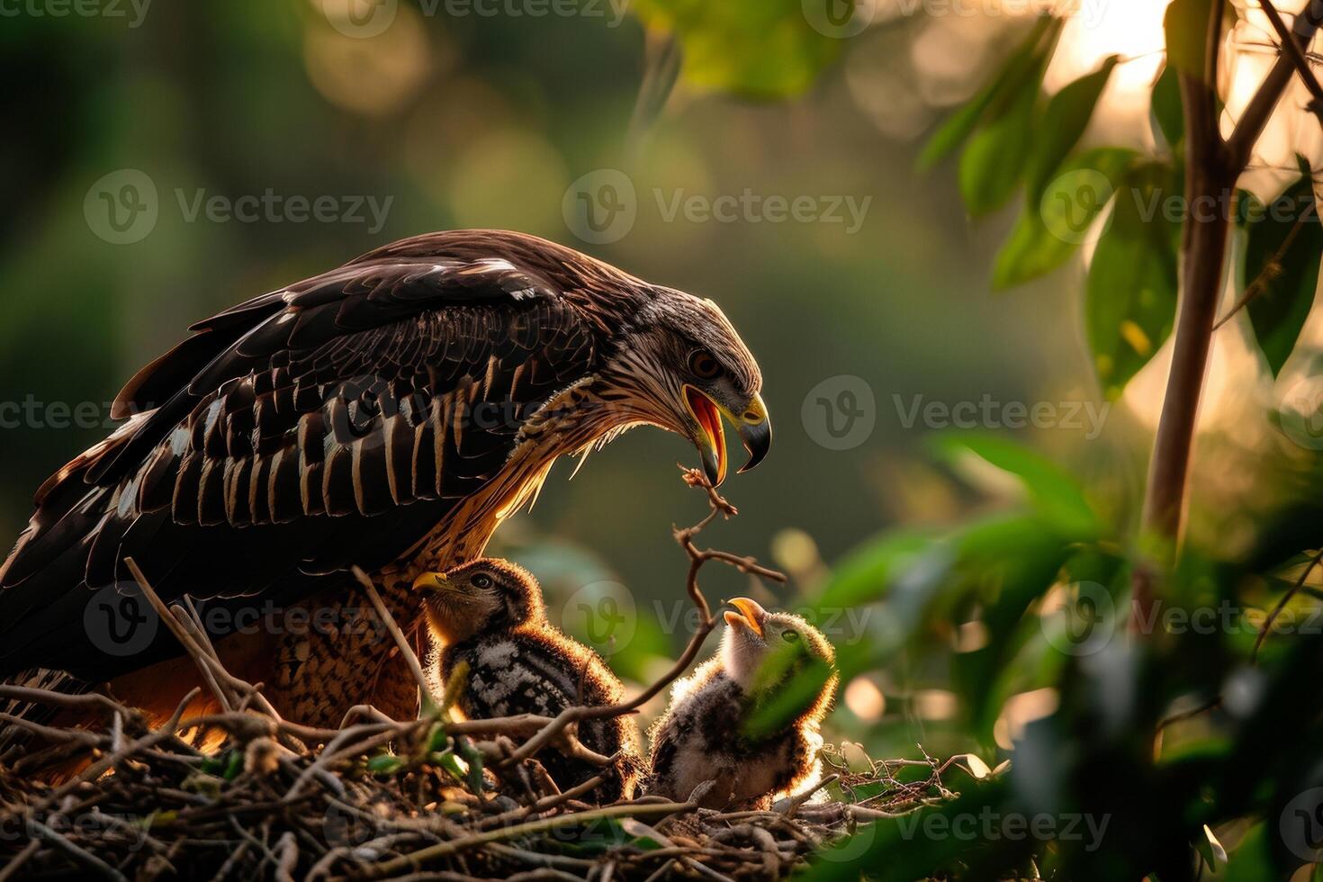 Javan Hawk Eagle and its chicks on the rooted in natural habitat photo