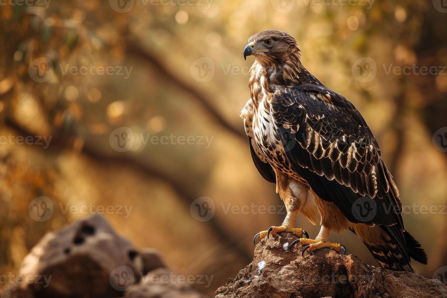 Black chested Snake Eagle on the rooted in natural habitat photo