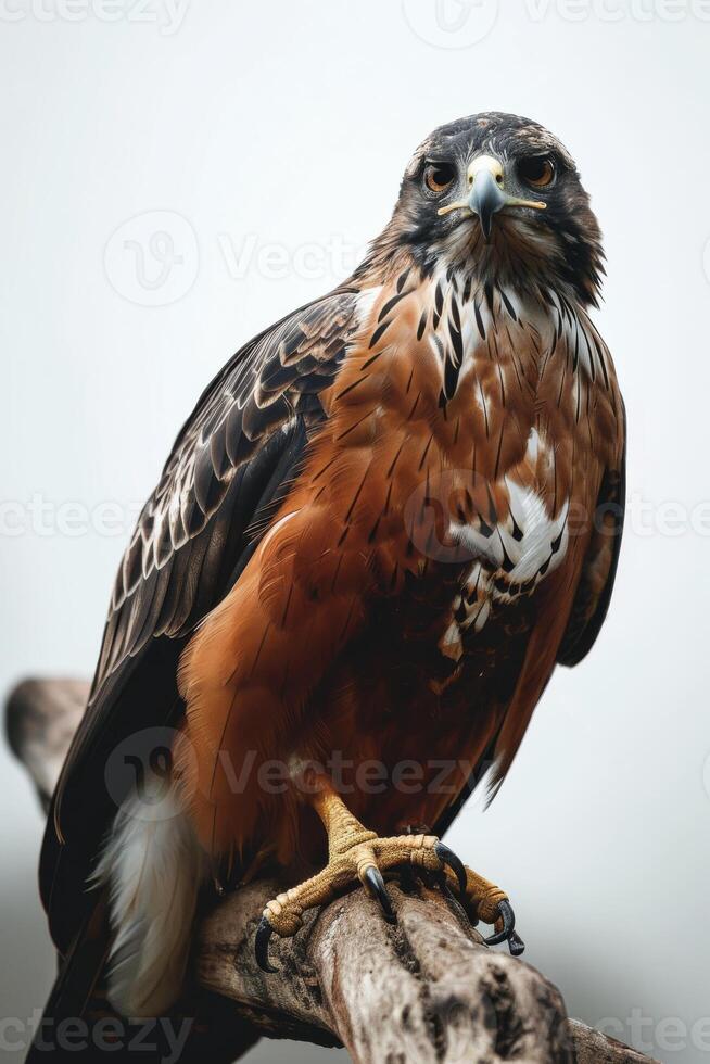 Javan Hawk Eagle bird on the rooted in studio isolated on white background photo