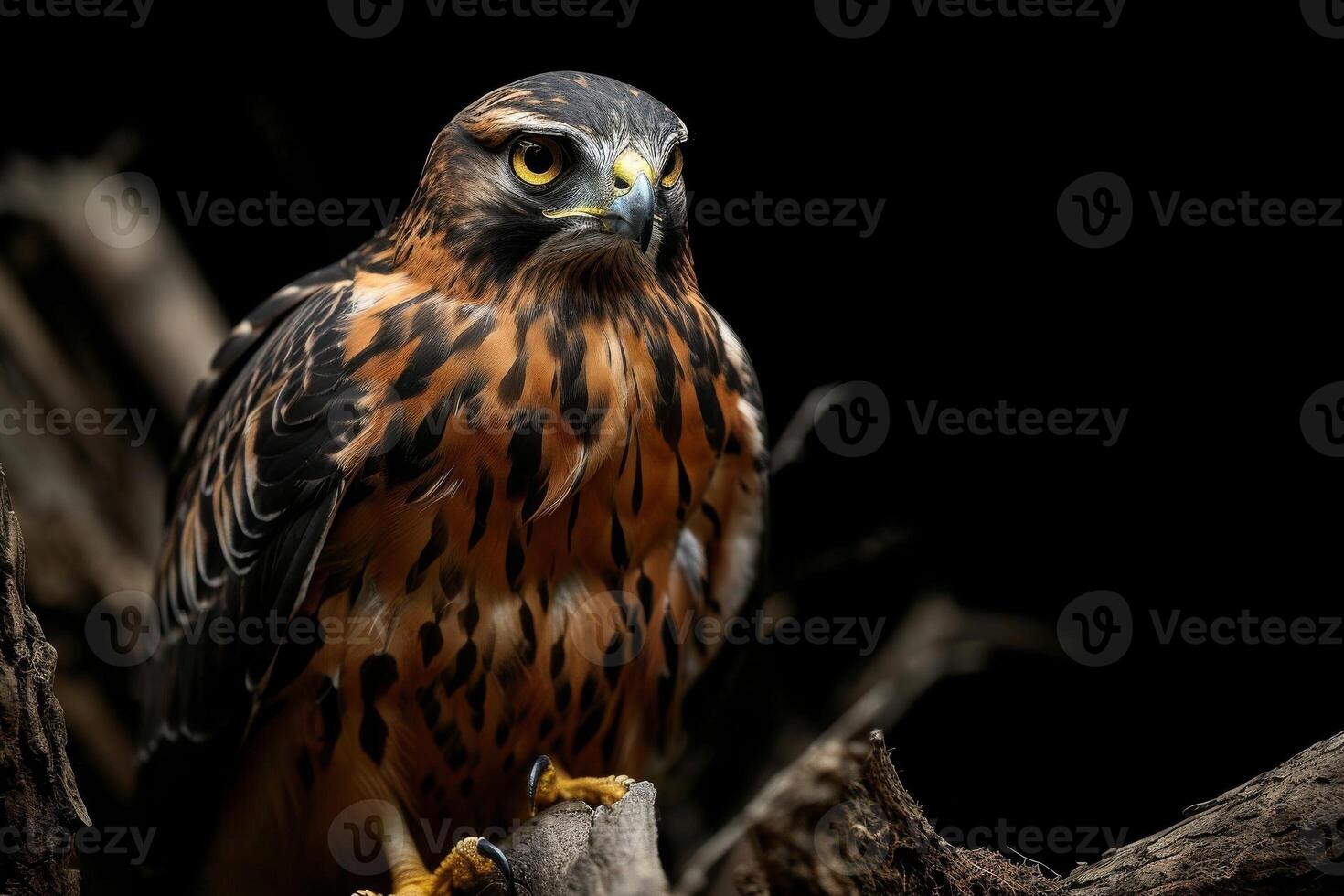 Northern Harrier Eagle bird on the rooted in studio isolated on black background photo