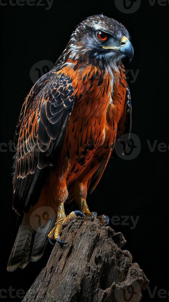 javanese hawk Eagle bird on the rooted in studio isolated on black background photo