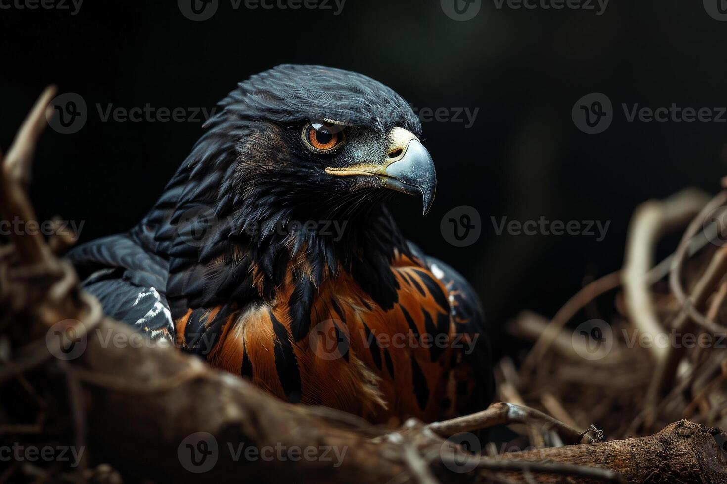 Black Kite Eagle bird on the rooted in studio isolated on black background photo