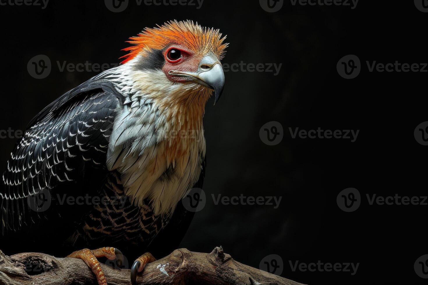 Crested Serpent Eagle bird on the rooted in studio isolated on black background photo