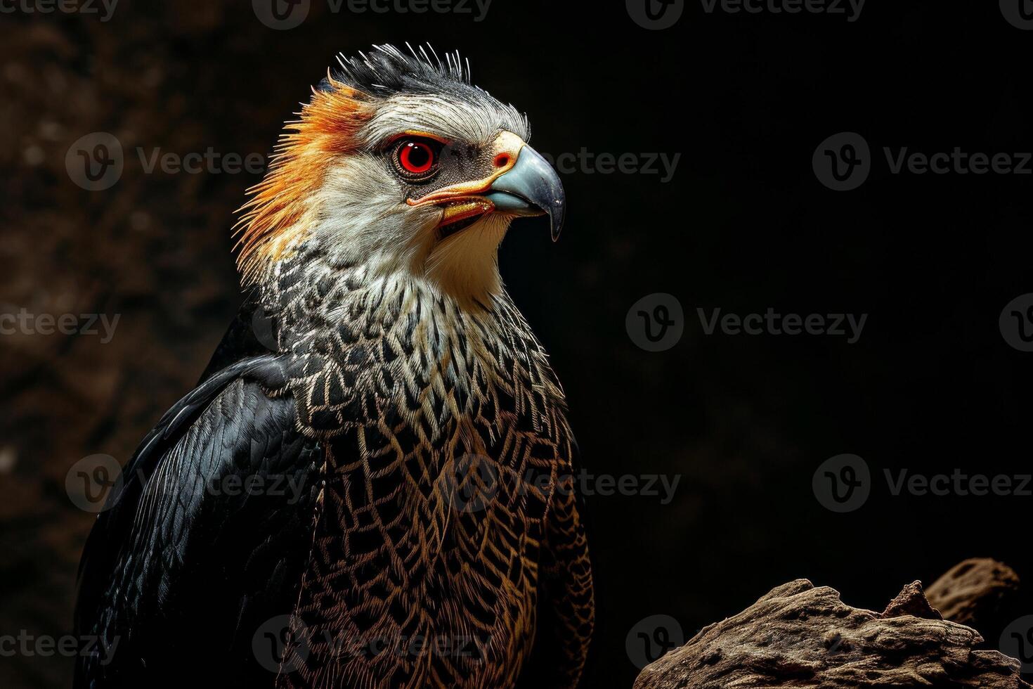 Crested Serpent Eagle bird on the rooted in studio isolated on black background photo