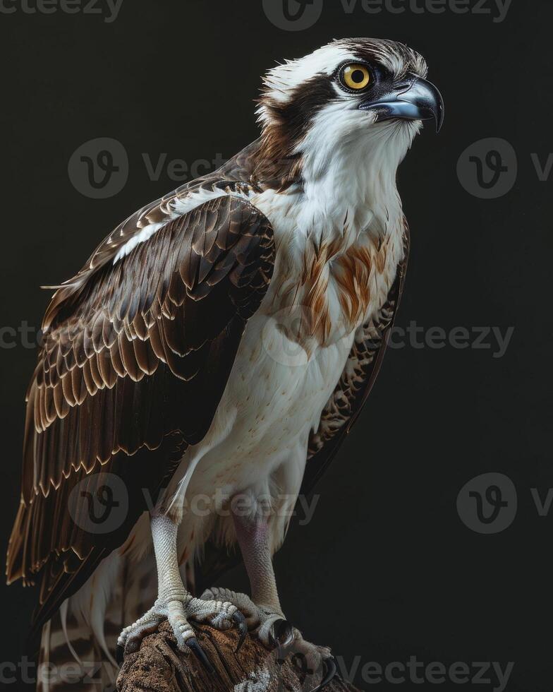 Osprey Eagle bird on the rooted in studio isolated on black background photo