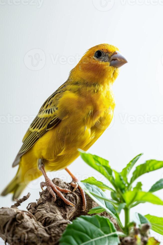 A Yellow Bird Perched on a Branch with Green Leaves photo