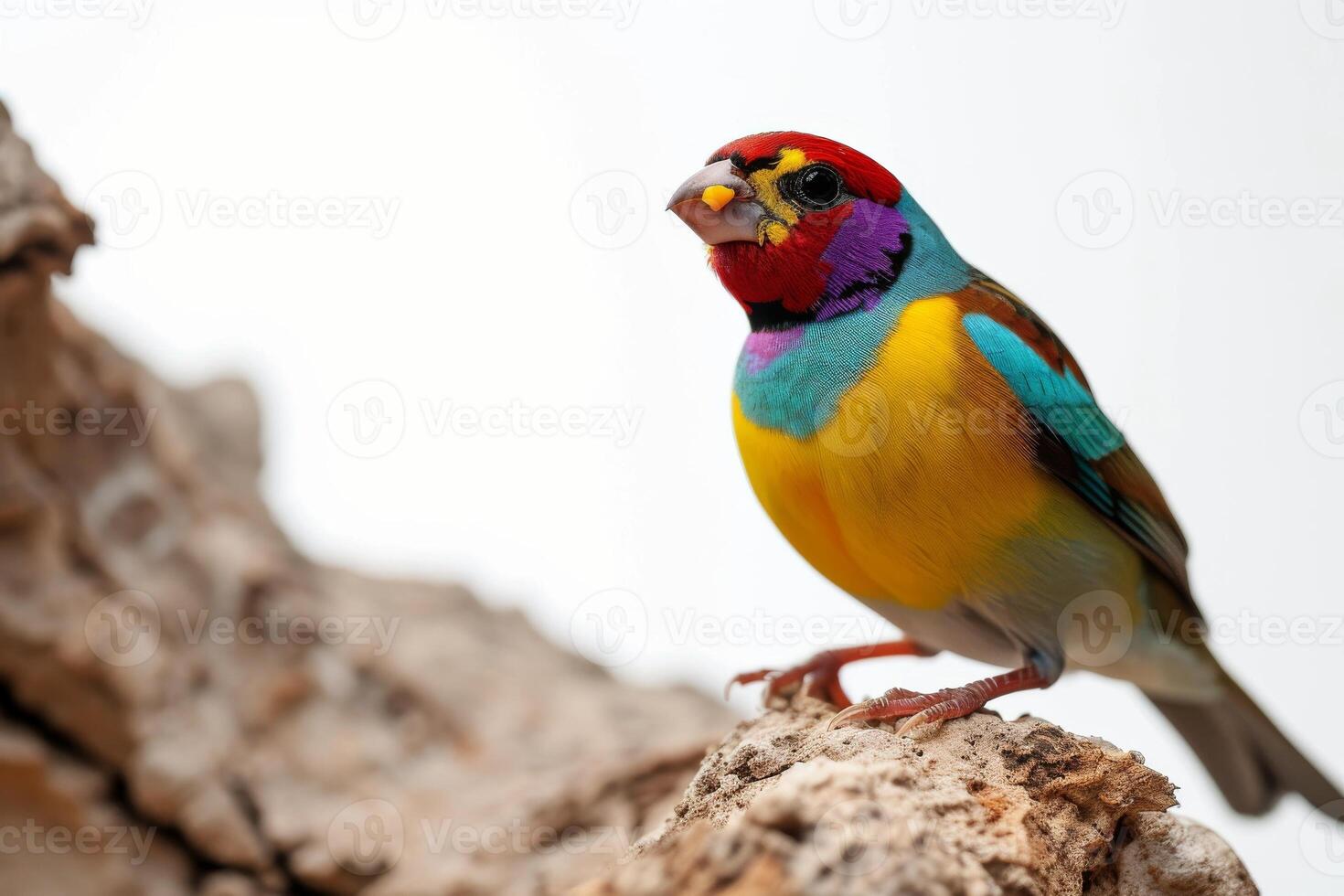 Gouldian Finch bird on the rooted in studio isolated on white background photo