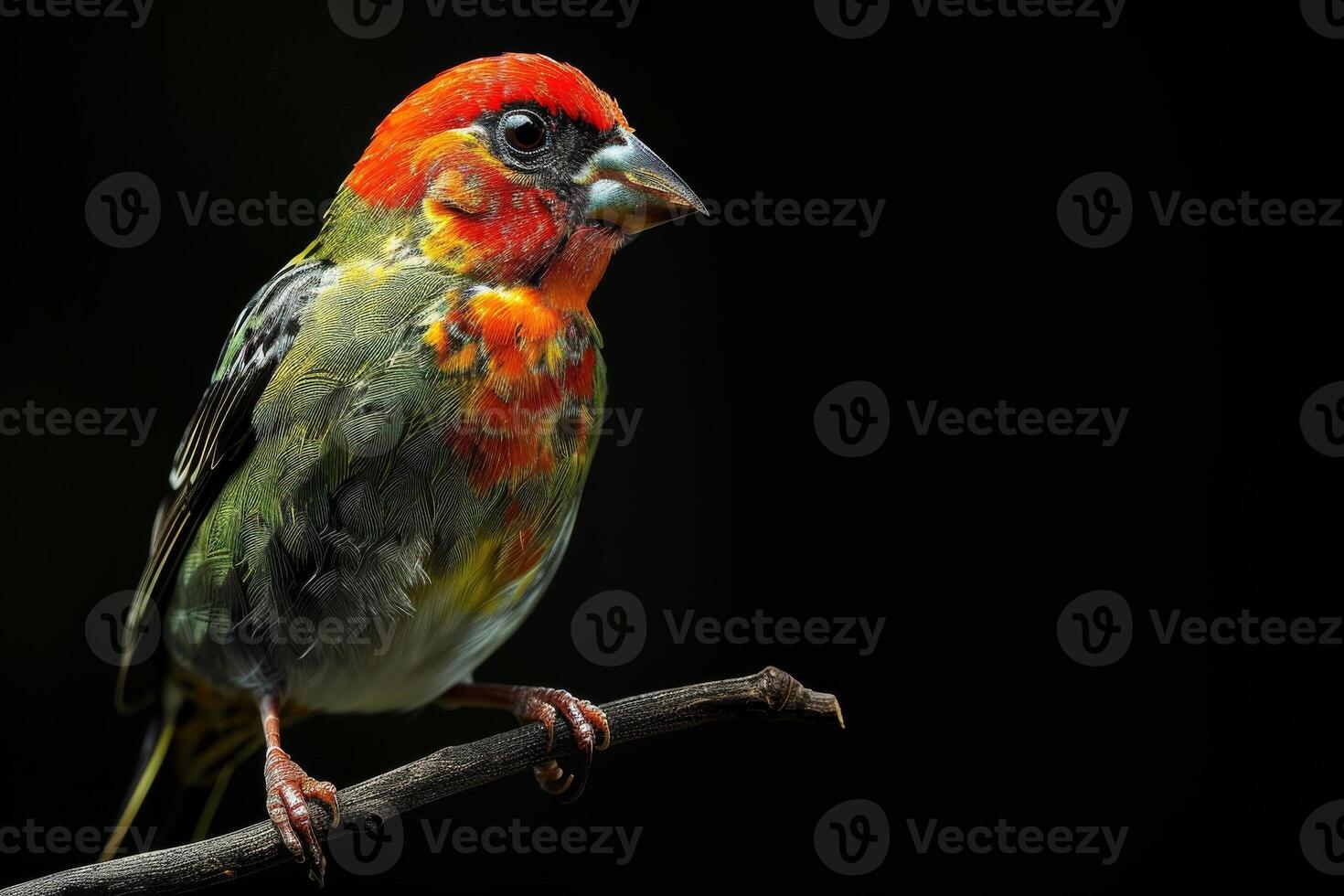 Red headed Finch bird on the rooted in studio isolated on black background photo