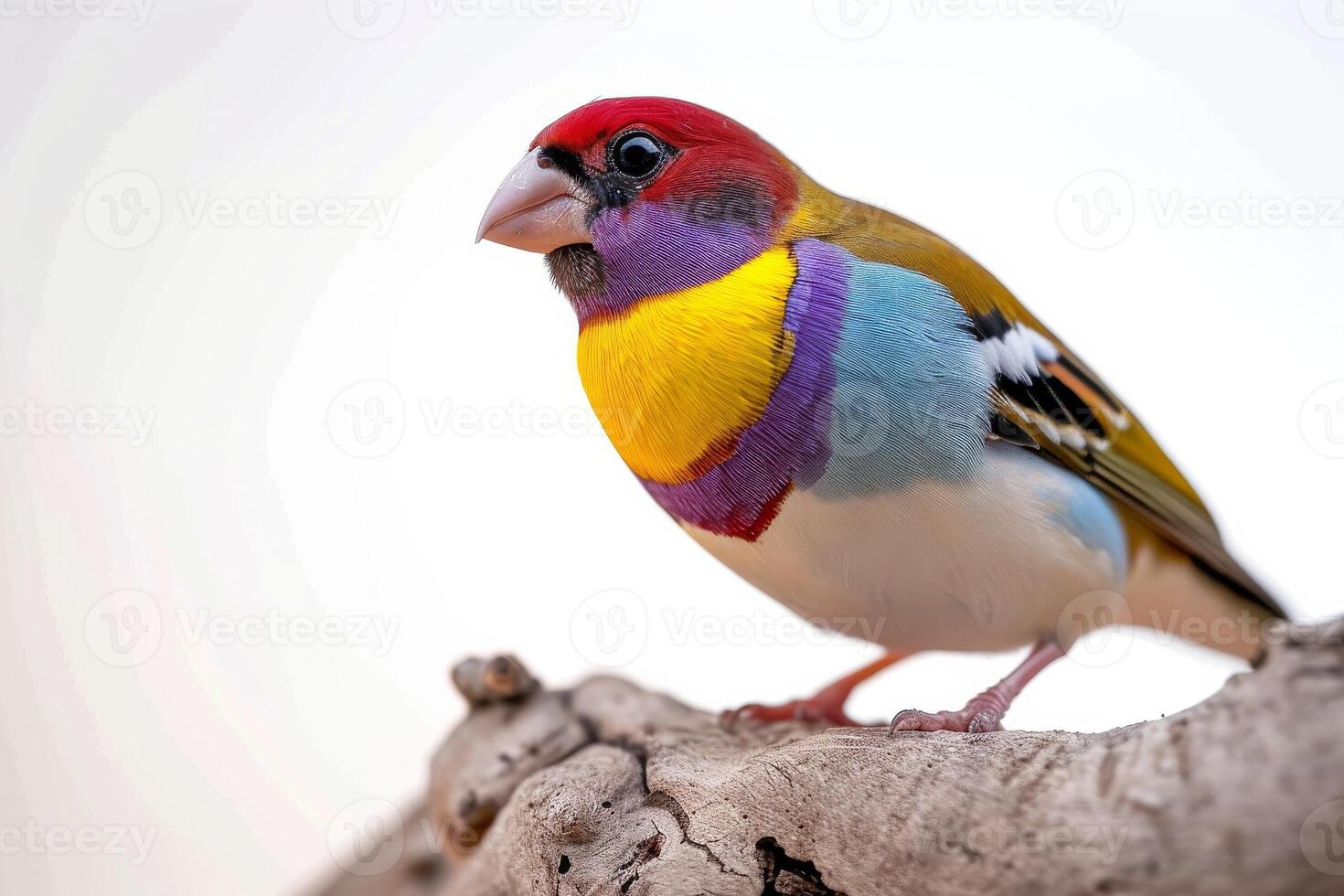 Gouldian Finch bird on the rooted in studio isolated on white background photo