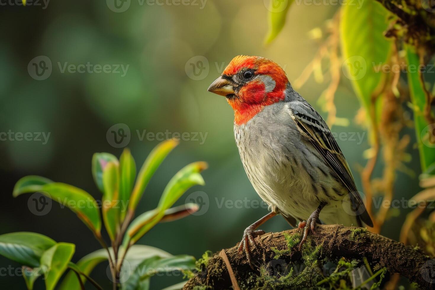 Red Headed Finch bird on the rooted in the natural habitat photo