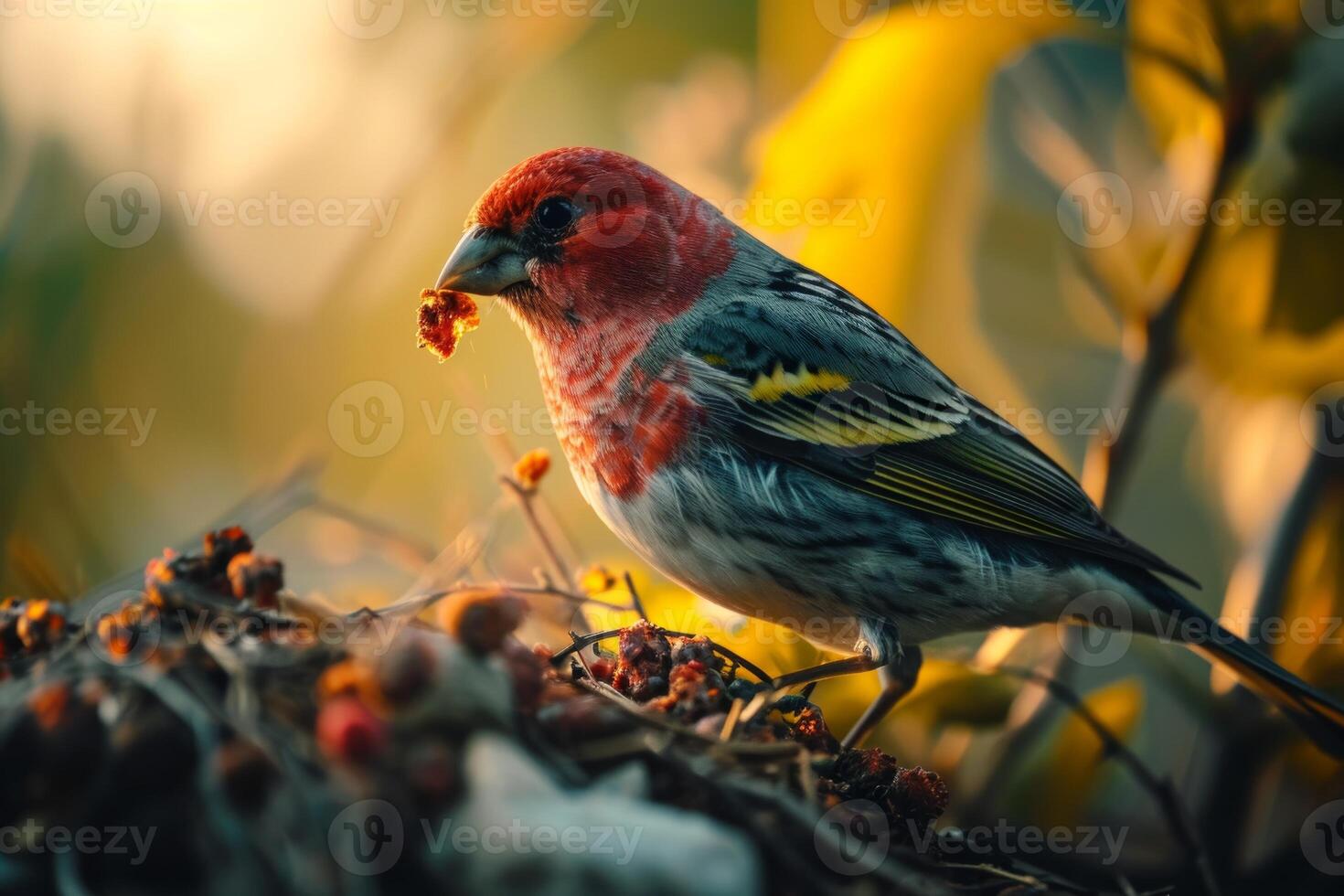 Red headed Finch bird eating in the natural habitat photo