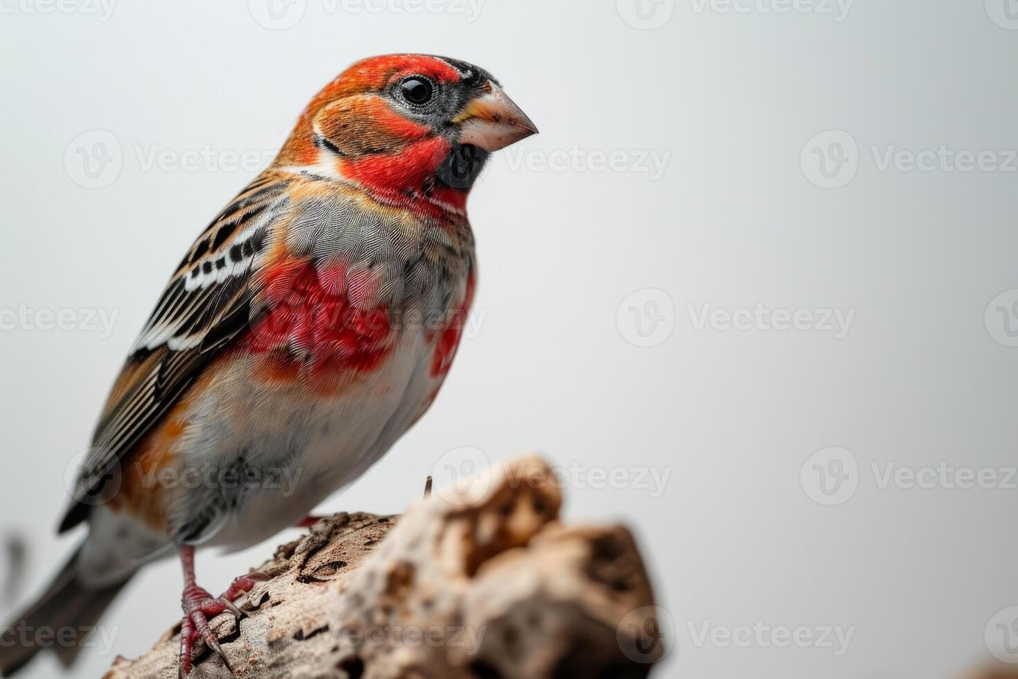 Red Headed Finch bird standing on the rooted in studio isolated on white background photo