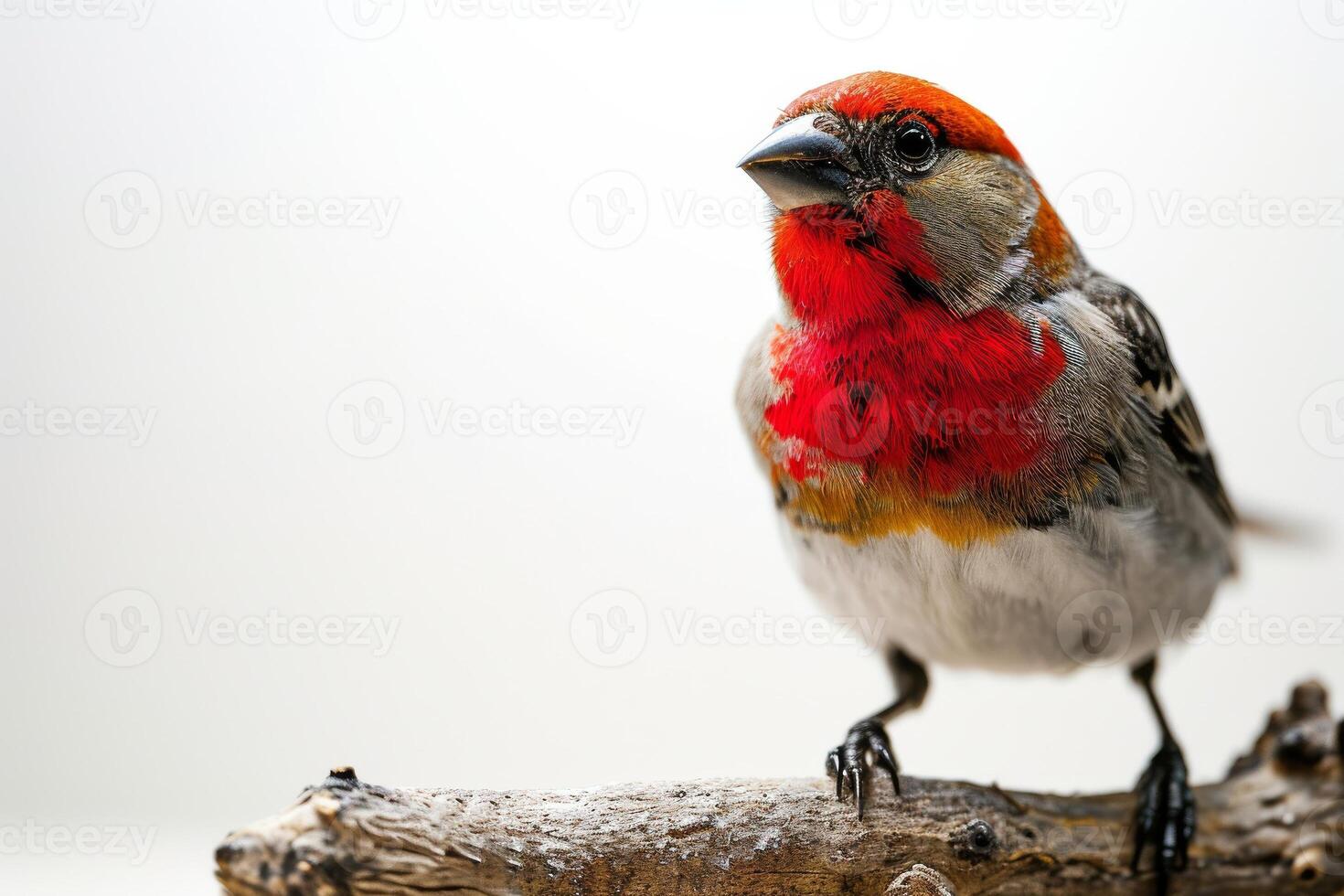 Red Headed Finch bird standing on the rooted in studio isolated on white background photo