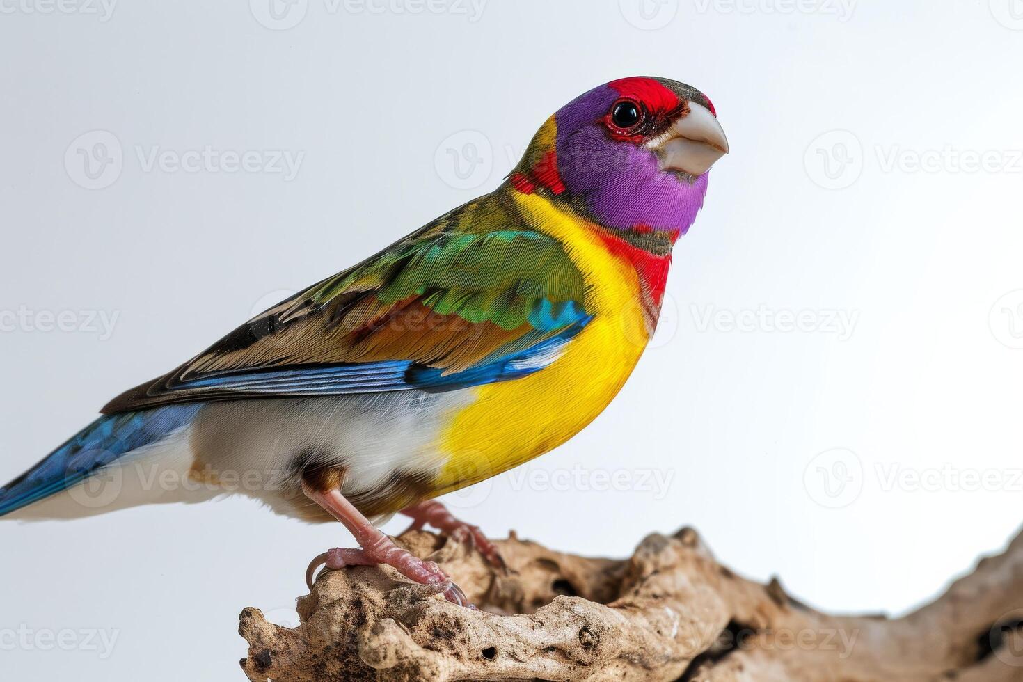 Lady Gouldian Finch bird standing on the rooted in studio isolated on white background photo