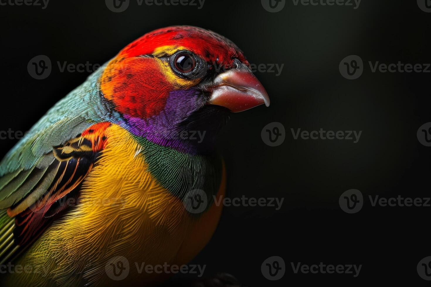 Lady Gouldian finch bird in studio isolated on black background photo