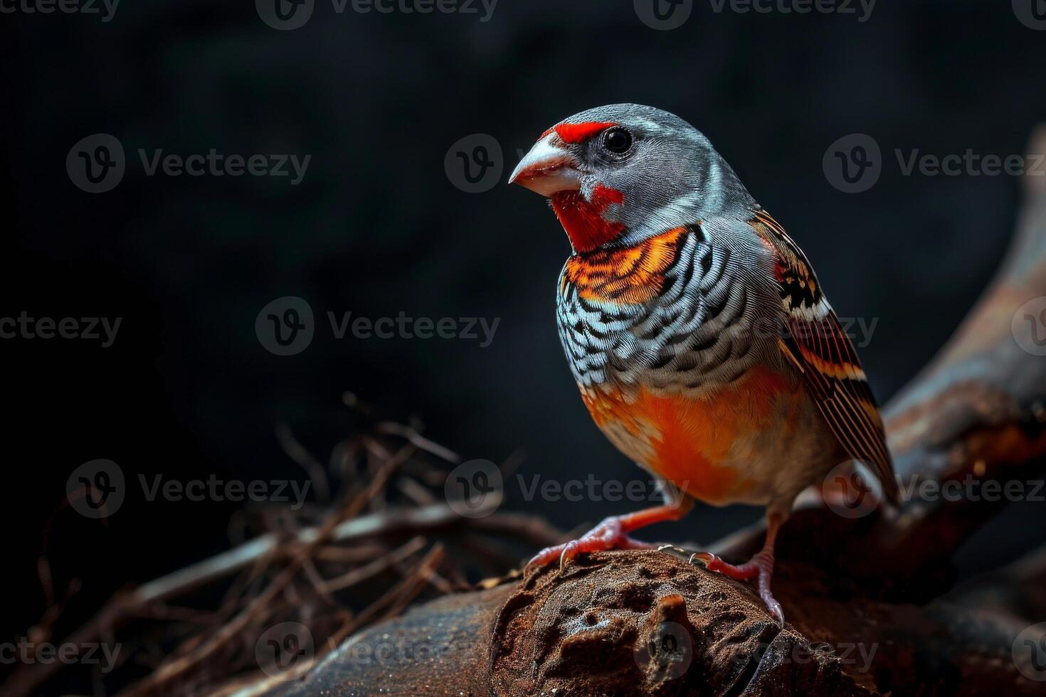 Zebra Finch bird on the rooted in studio isolated on black background photo