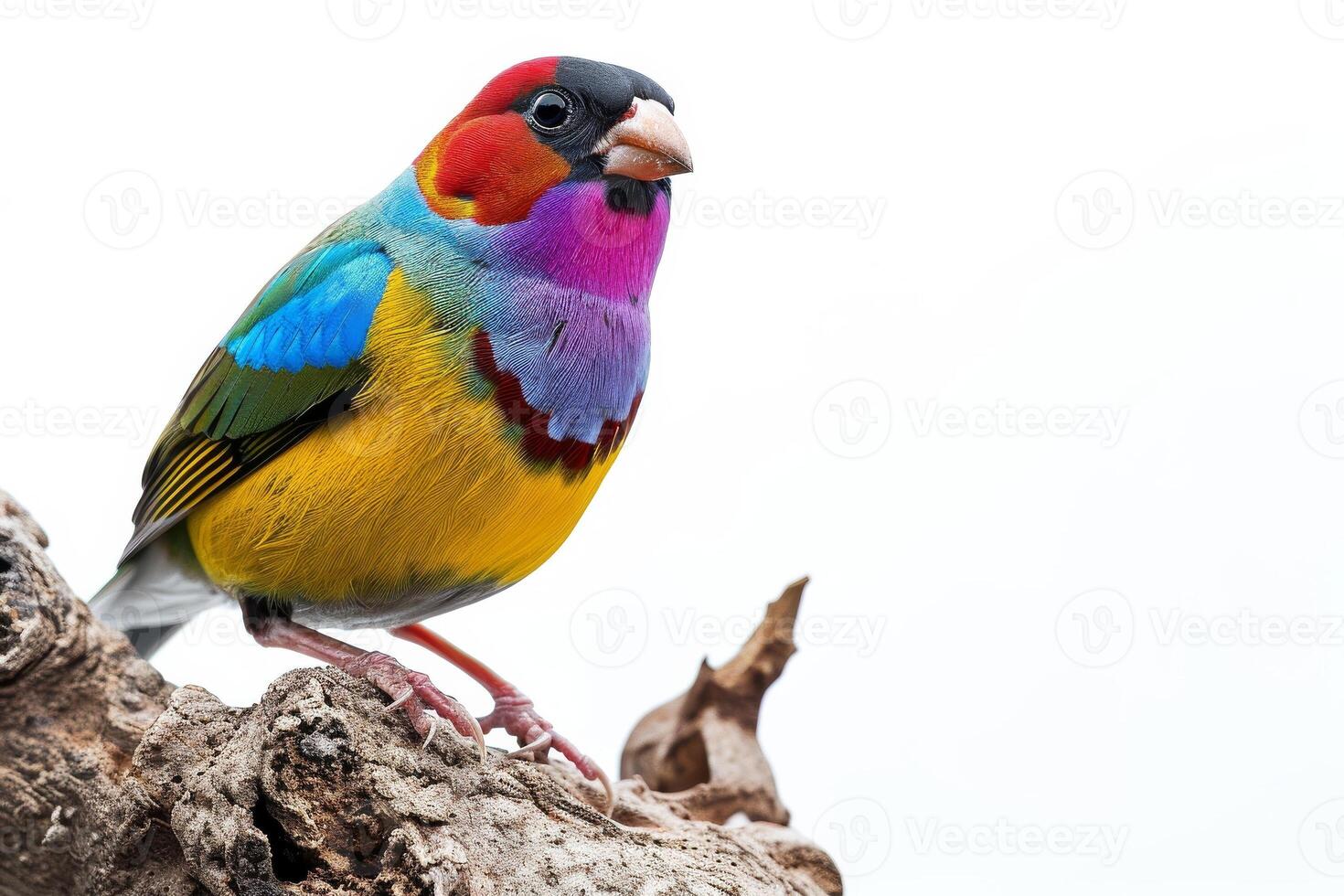 Gouldian Finch bird standing on the rooted in studio isolated on white background photo