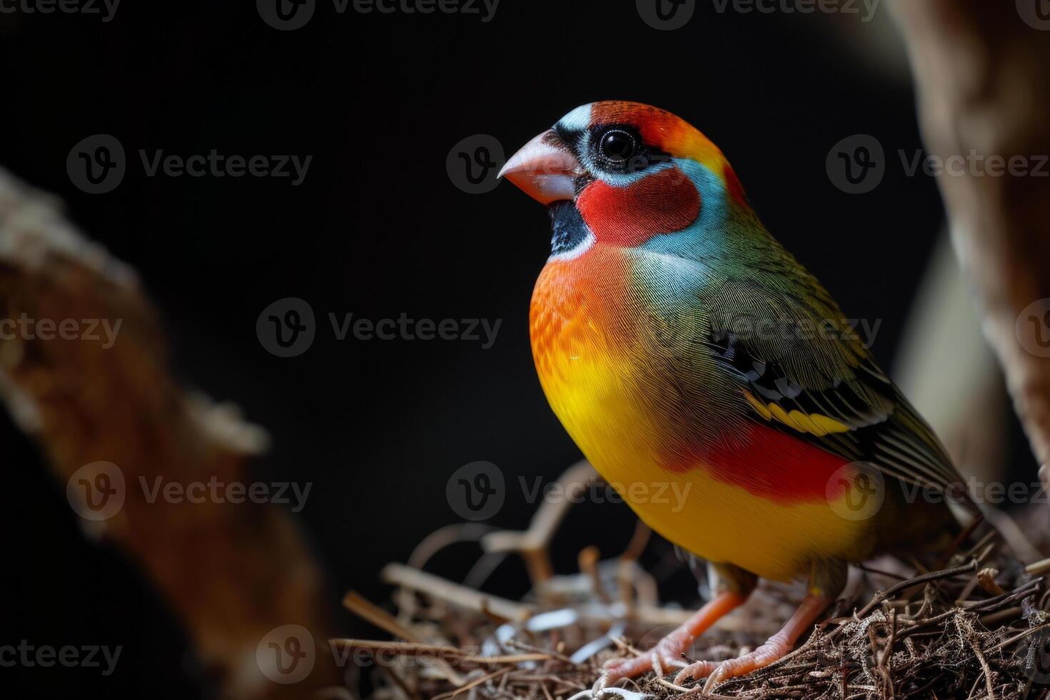 Gouldian Finch bird on the rooted in studio isolated on black background photo