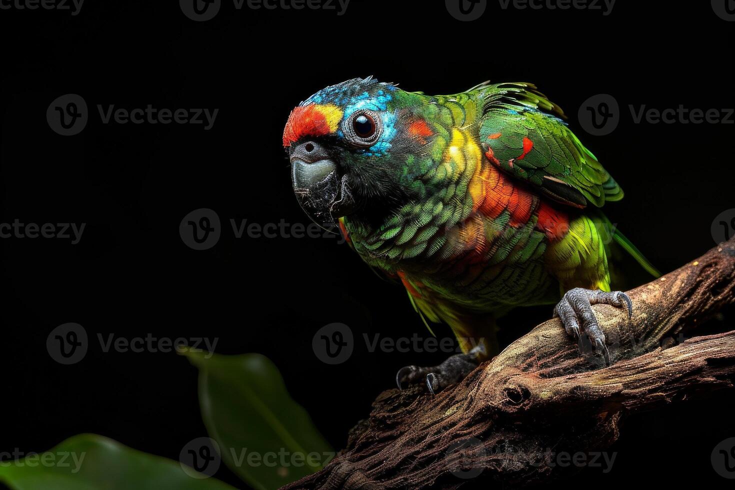 Blue faced Parrot Finch bird on the rooted in studio isolated on black background photo