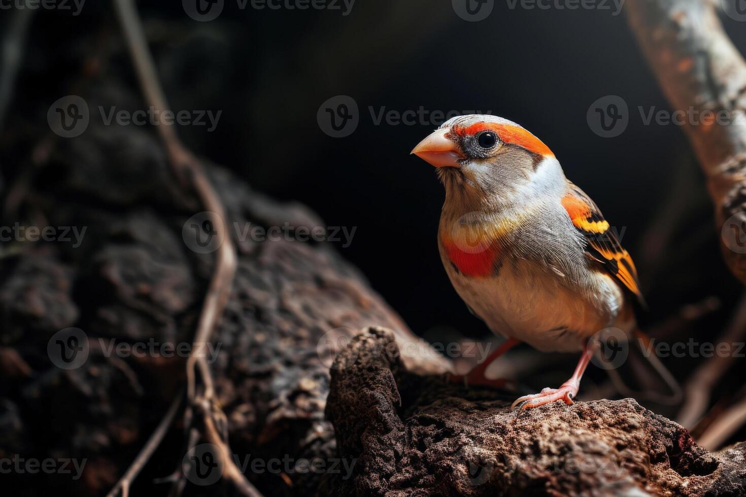 Zebra Finch bird standing on the rooted in the natural habitat photo
