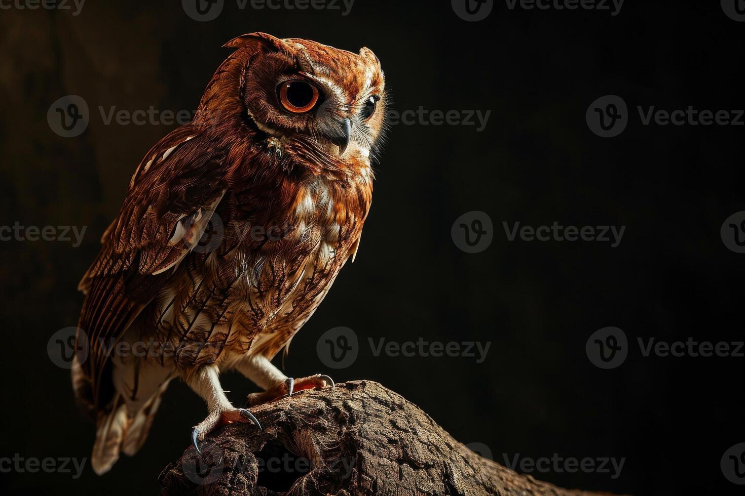 Owl Finch bird on the rooted in studio isolated on black background photo