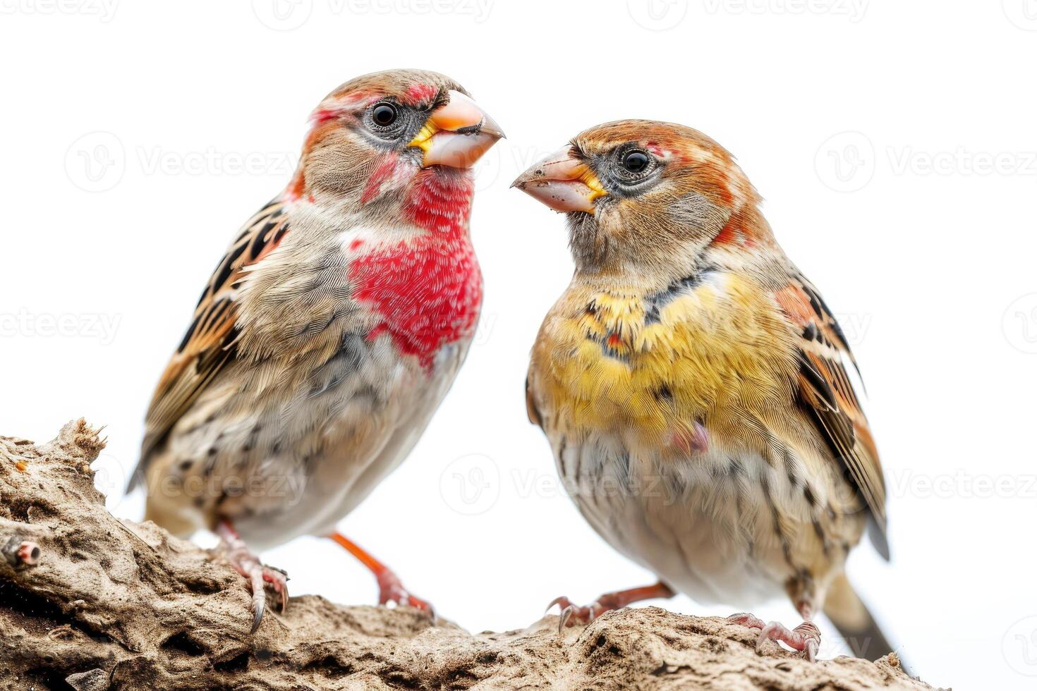 Couple finch standing on the rooted in studio isolated on white background photo