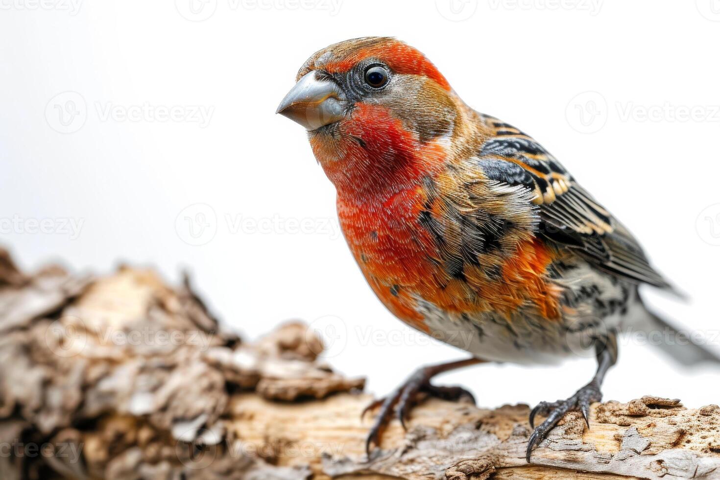 Finch bird standing on the rooted in studio isolated on white background photo
